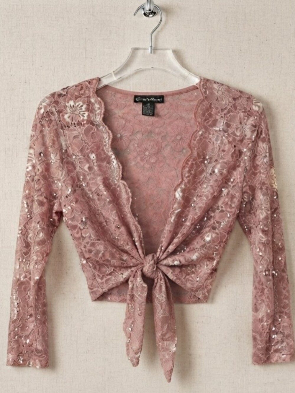 Candie's Mauve Floral Lace Tie-Front Shawl with Sequins